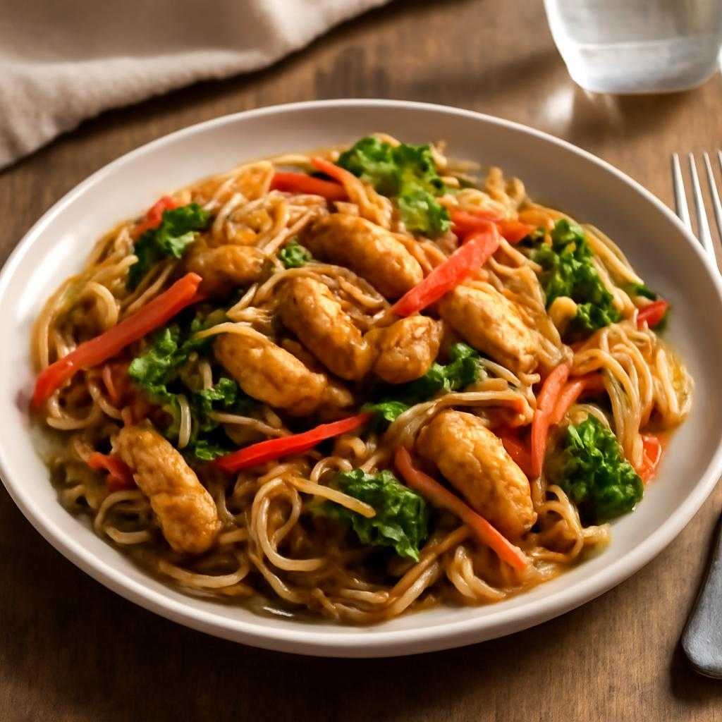 рисовая лапша с курицей и овощами в кунжутном соусе