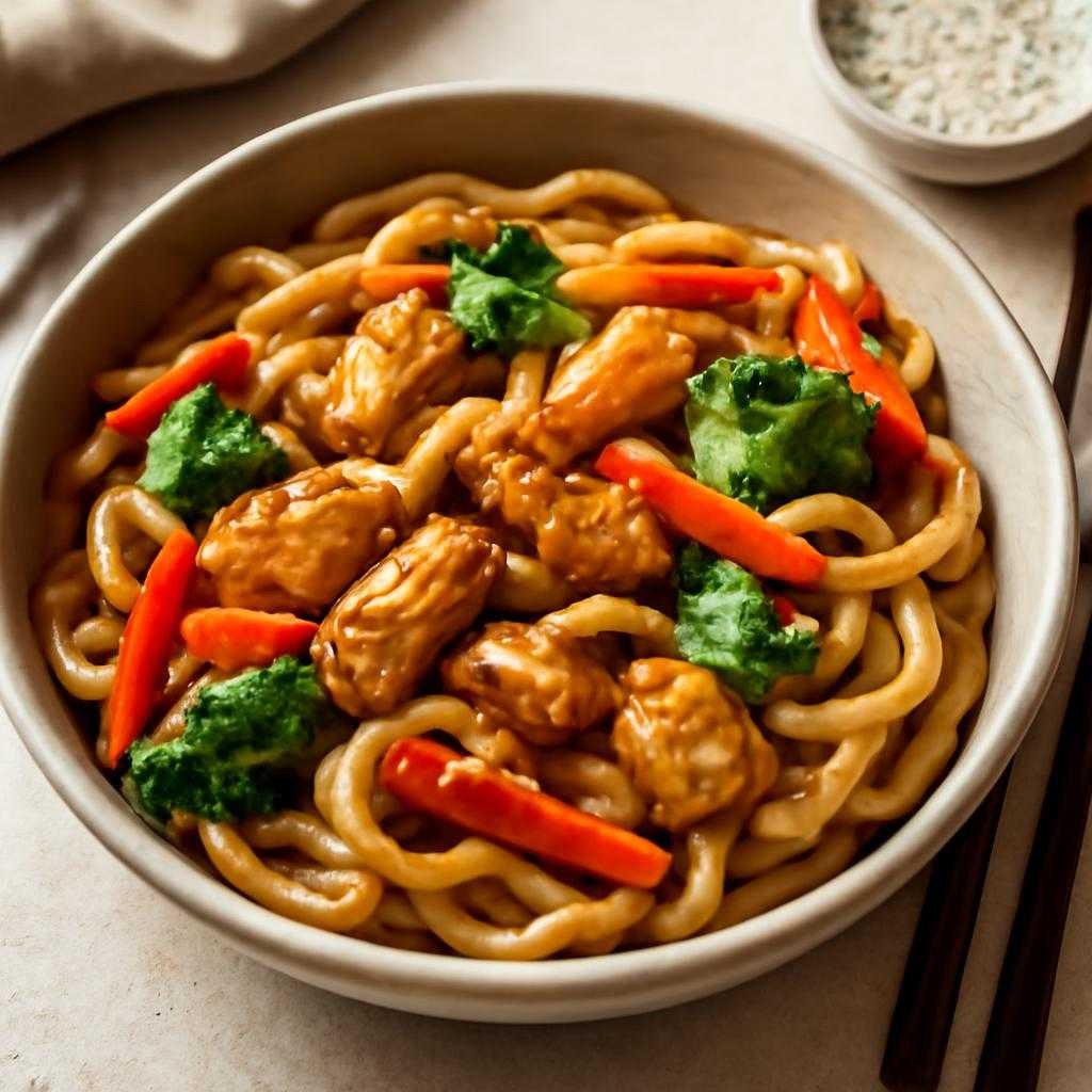 удон с курицей и овощами в кунжутном соусе