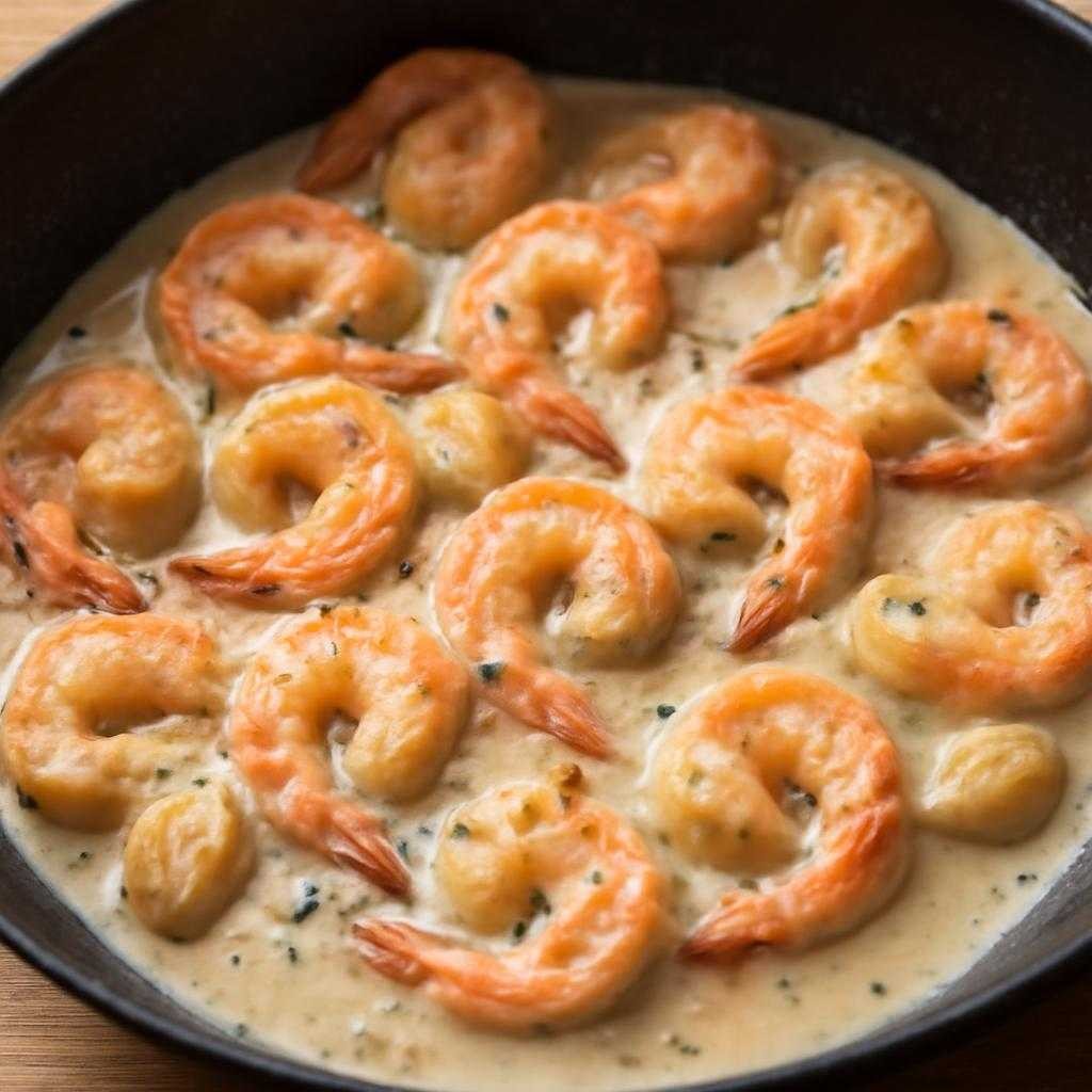 креветки с чесноком и сливочным соусом на сковороде
