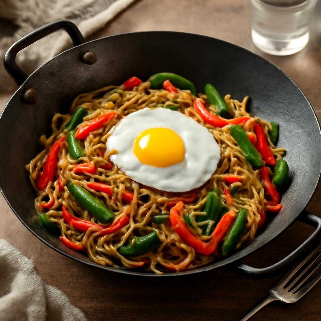 рисовая лапша с овощами и яйцом в воке